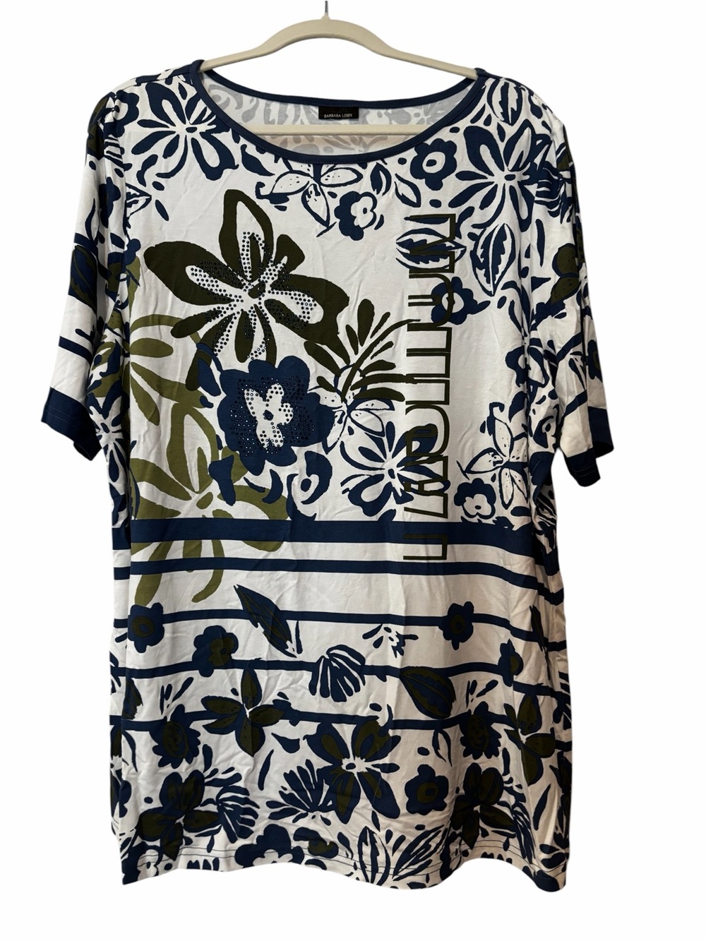 Barbara Lebek Blue Floral Rhinestone Top White Short Sleeve Tunic Size 18